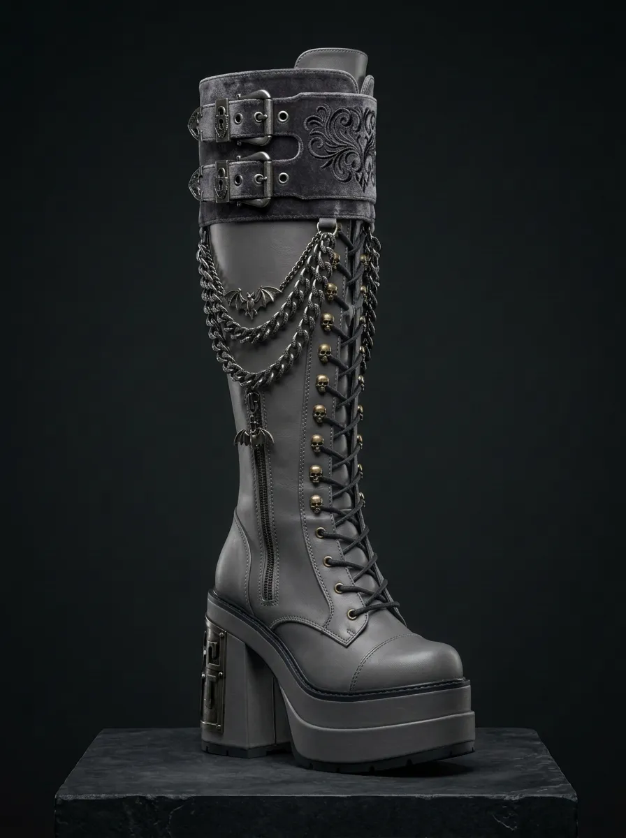 Dark Skull Bat Chain Collection Women's Gothic Platform Knee High Boots