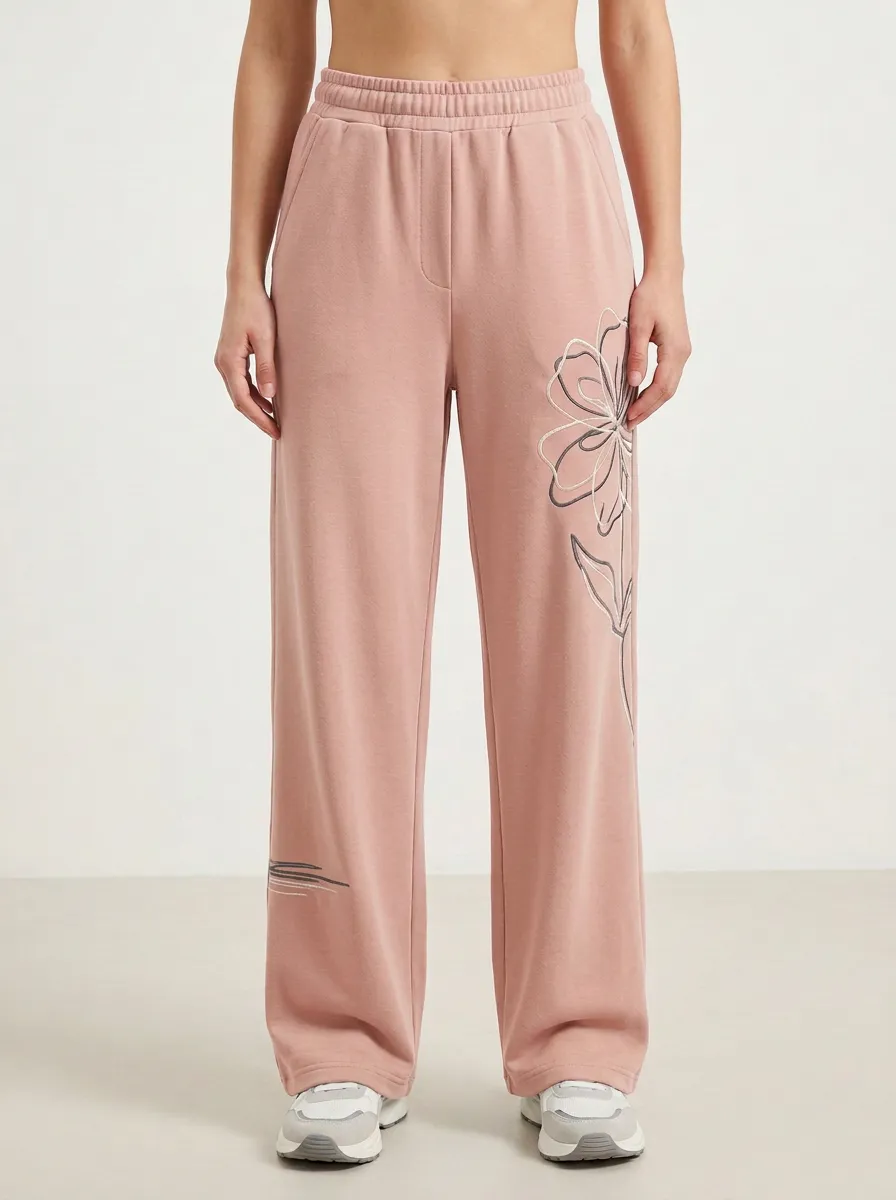 Women's Sage Green Floral Embroidery Wide-Leg Sweatpants