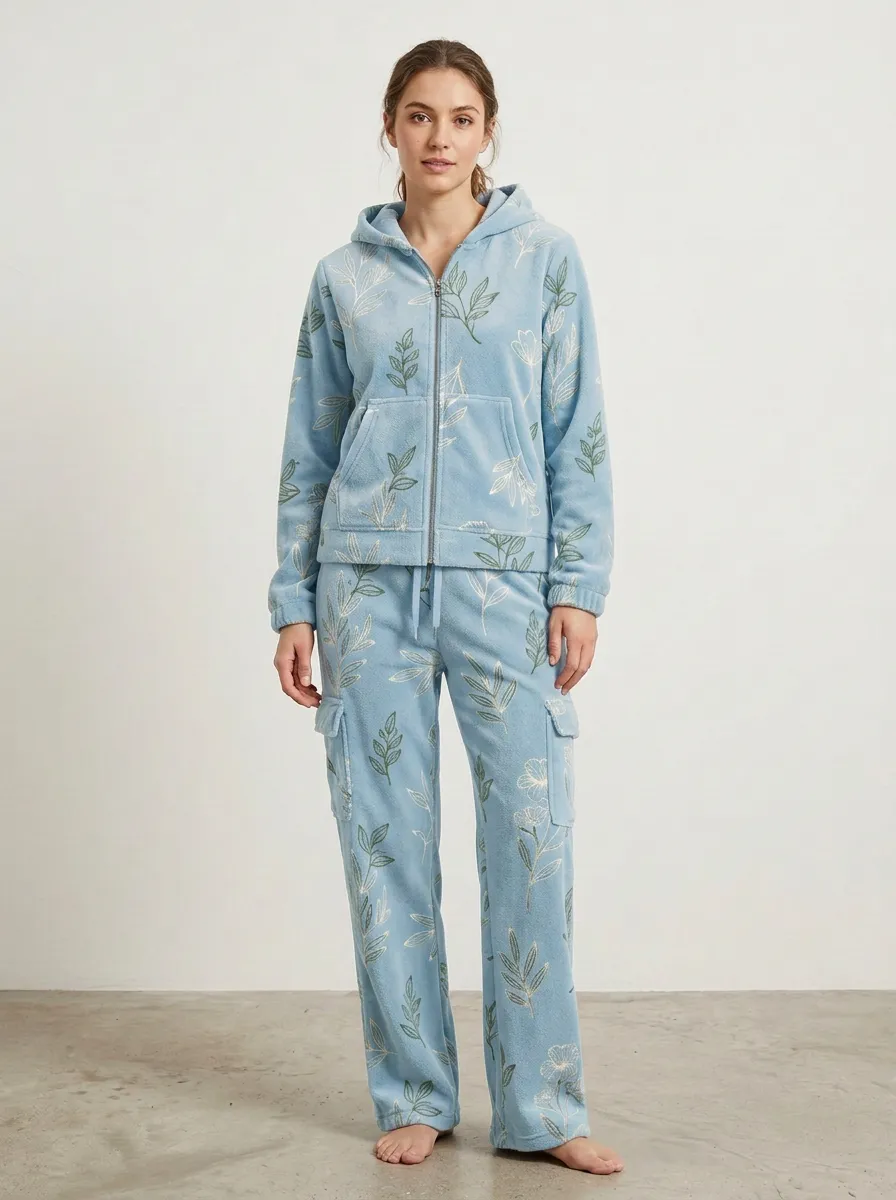 Women's Floral Print Zip-Up Hoodie And Cargo Lounge Set