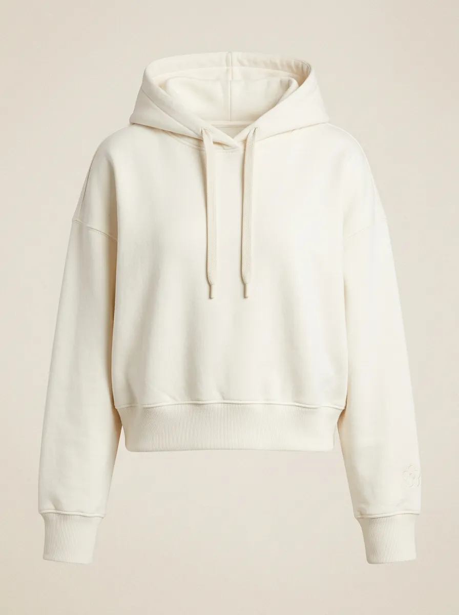 Women's Minimalist Solid Cream Flower Embroidered Hoodie