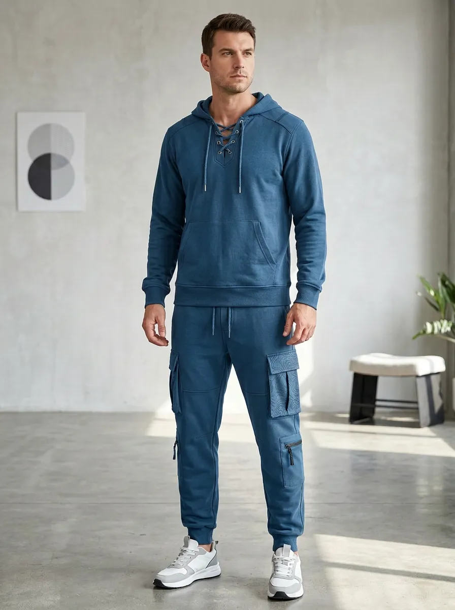 Core Lace-Up Topographic Utility Look Men's Lace Up Hoodie And Cargo Jogger Set