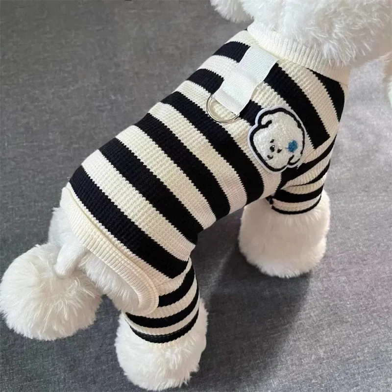 Cute Striped 4-Legged Pet Clothes, Breathable Knit Jumpsuit for Dogs & Cats, Cozy Indoor Pajamas for Small Breeds