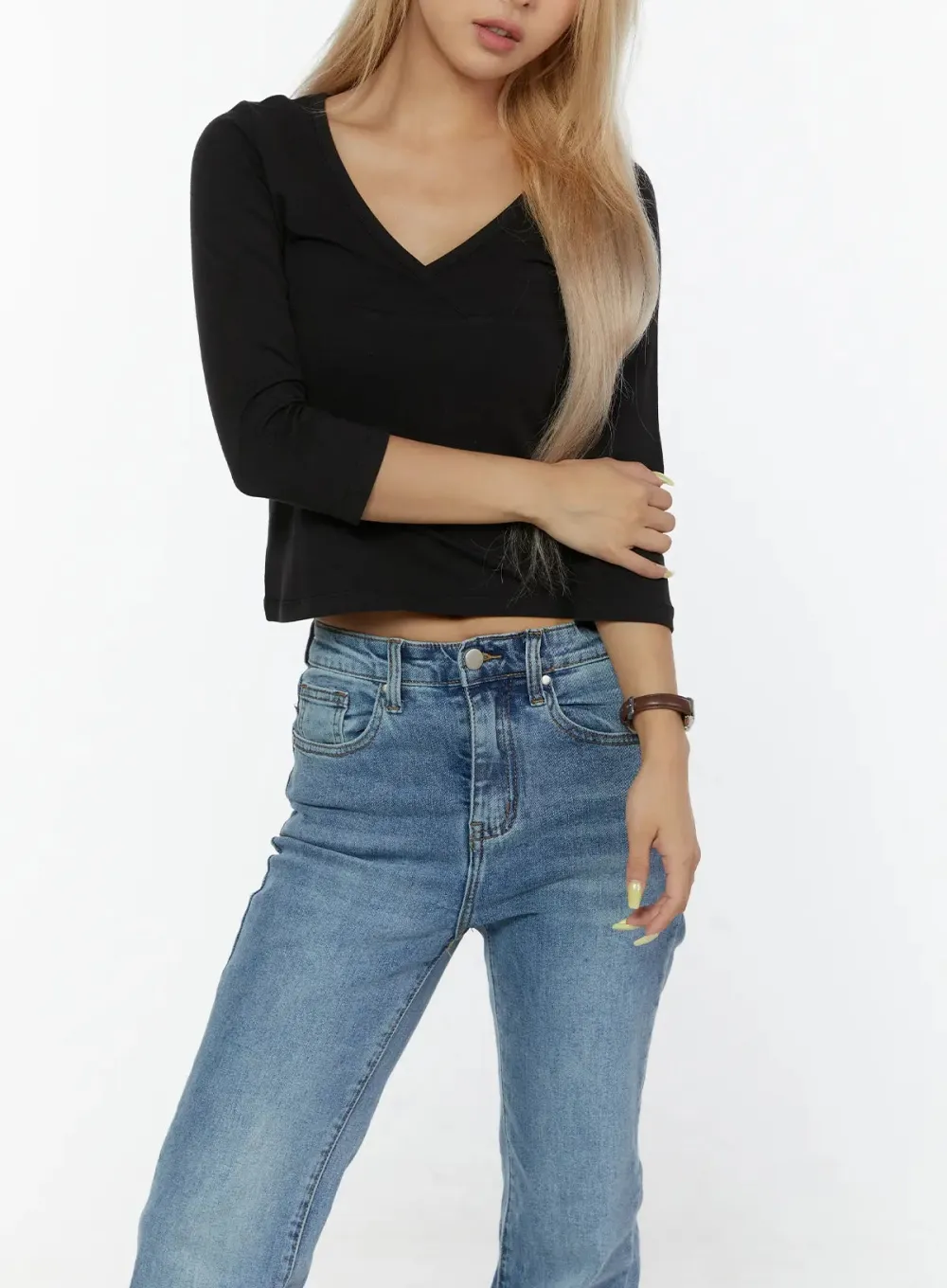 Ribbed V-Neck Three-Quarter Sleeve Top