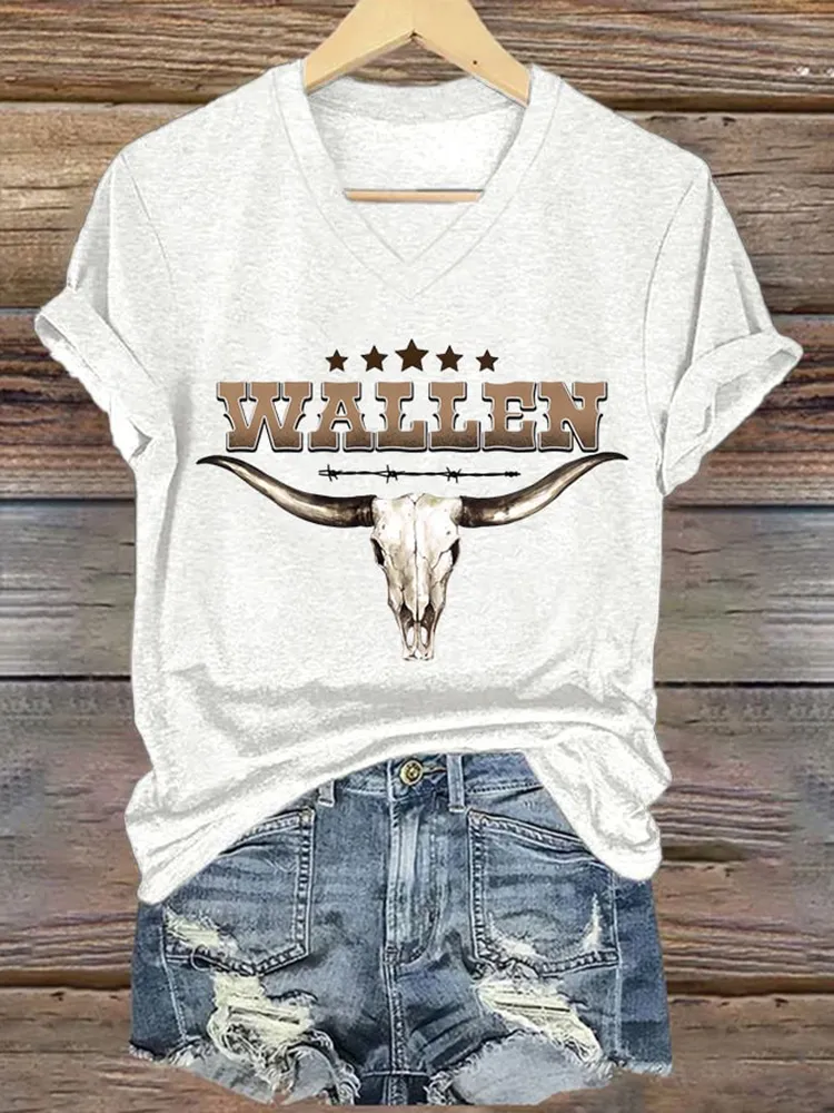 Bull Skull-Themed V-Neck Short-Sleeved T-Shirts
