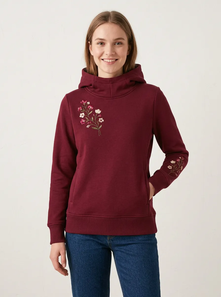 Modern Casual Women's Floral Embroidered Nature Inspired Hoodie