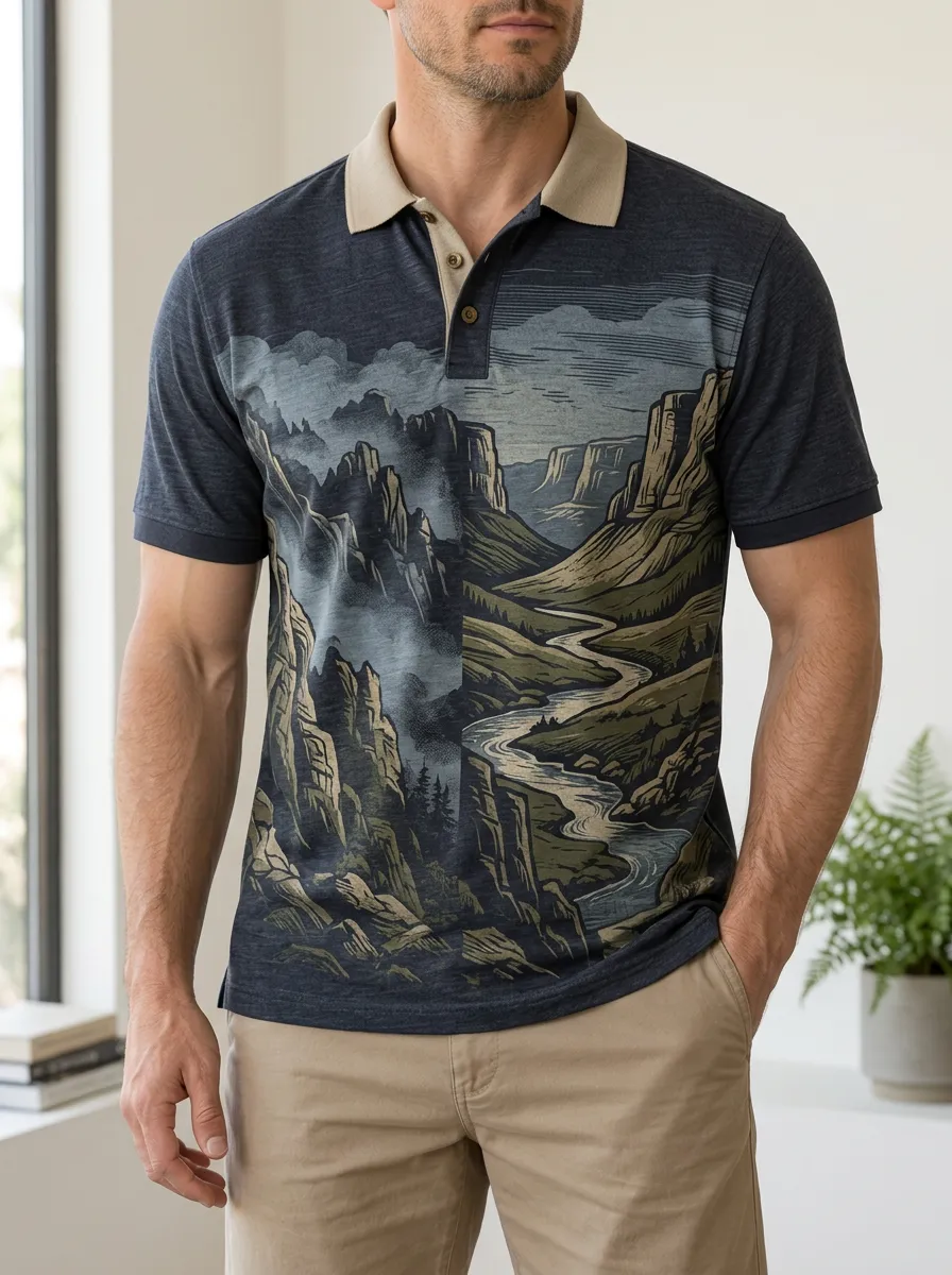Men's Mountain River Landscape Printed Polo Shirt Weekend Casual Style