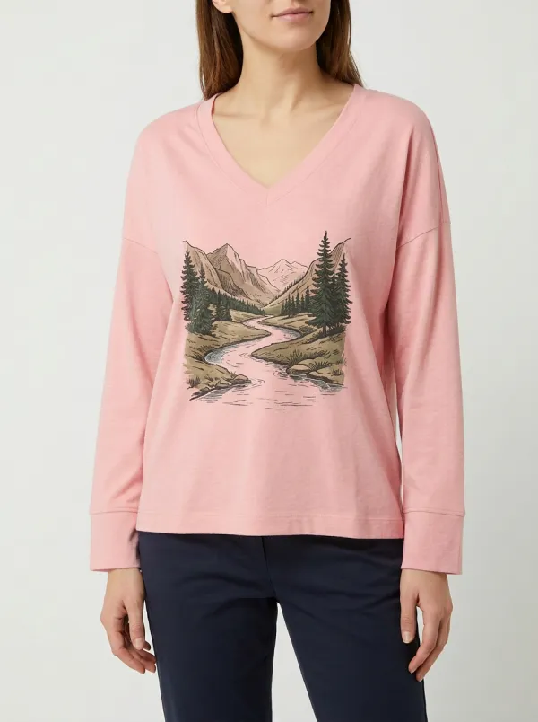 Women's Landscape Graphic V-Neck Long-Sleeve Top