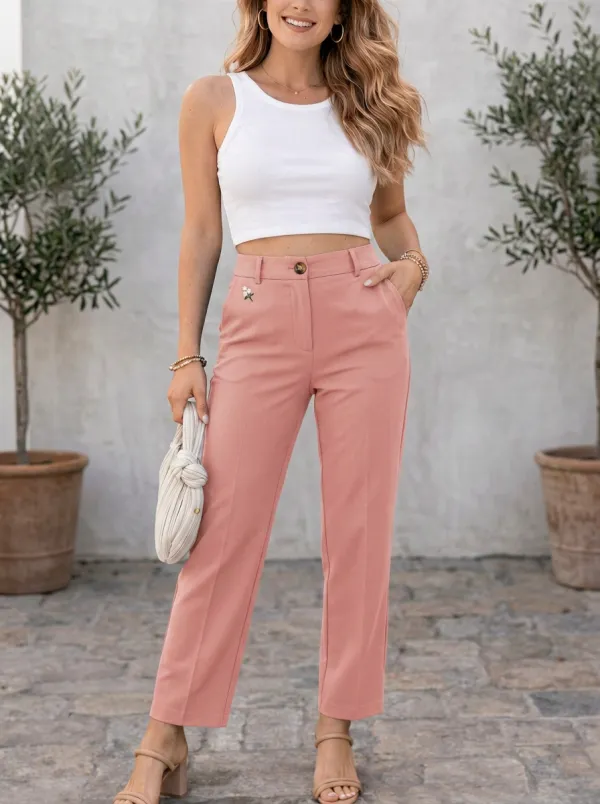 Women's Floral Embroidery Navy Mid-Rise Straight Leg Pants