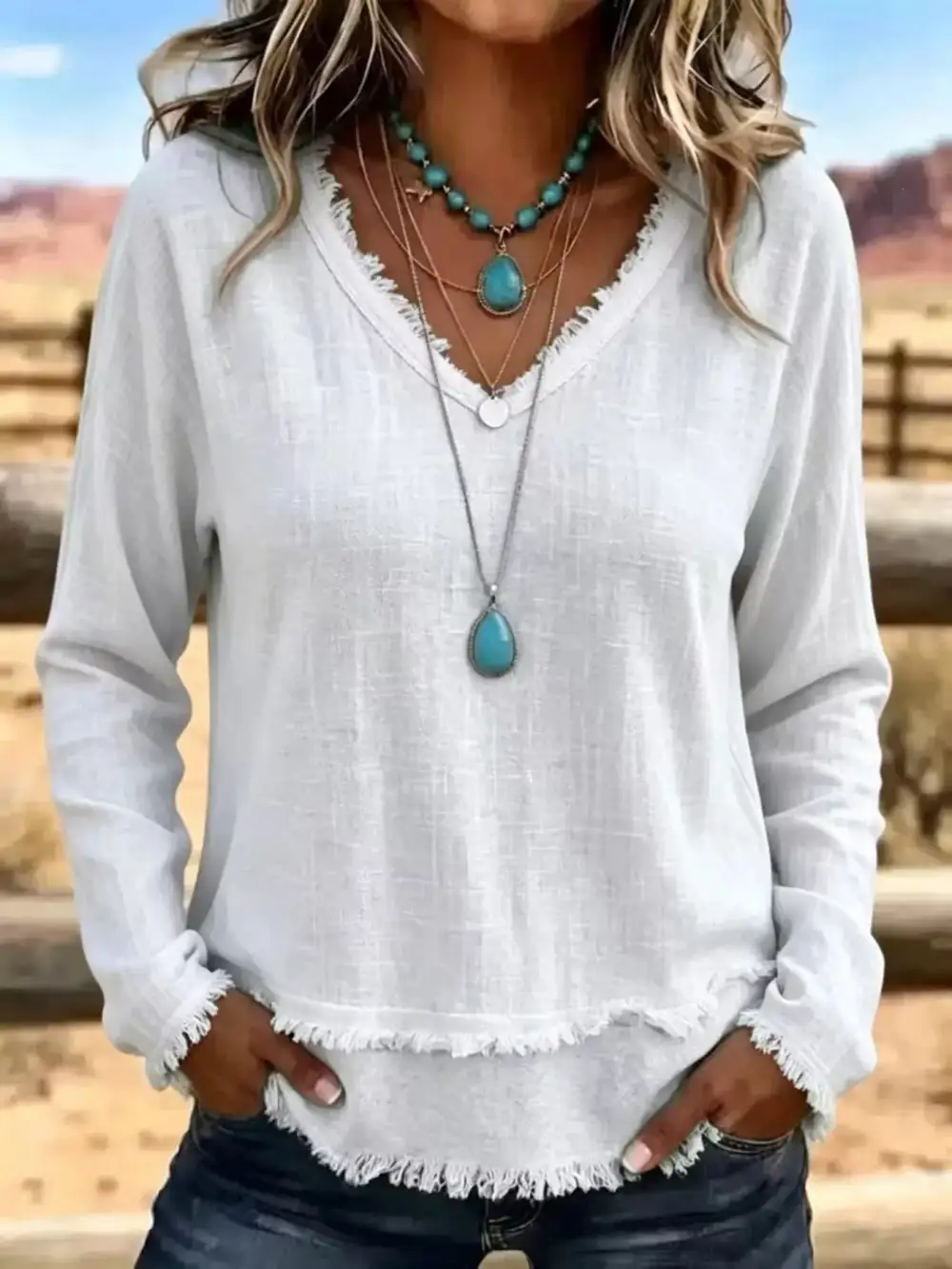 Long Sleeve V-Neck Frayed Hem Blouse