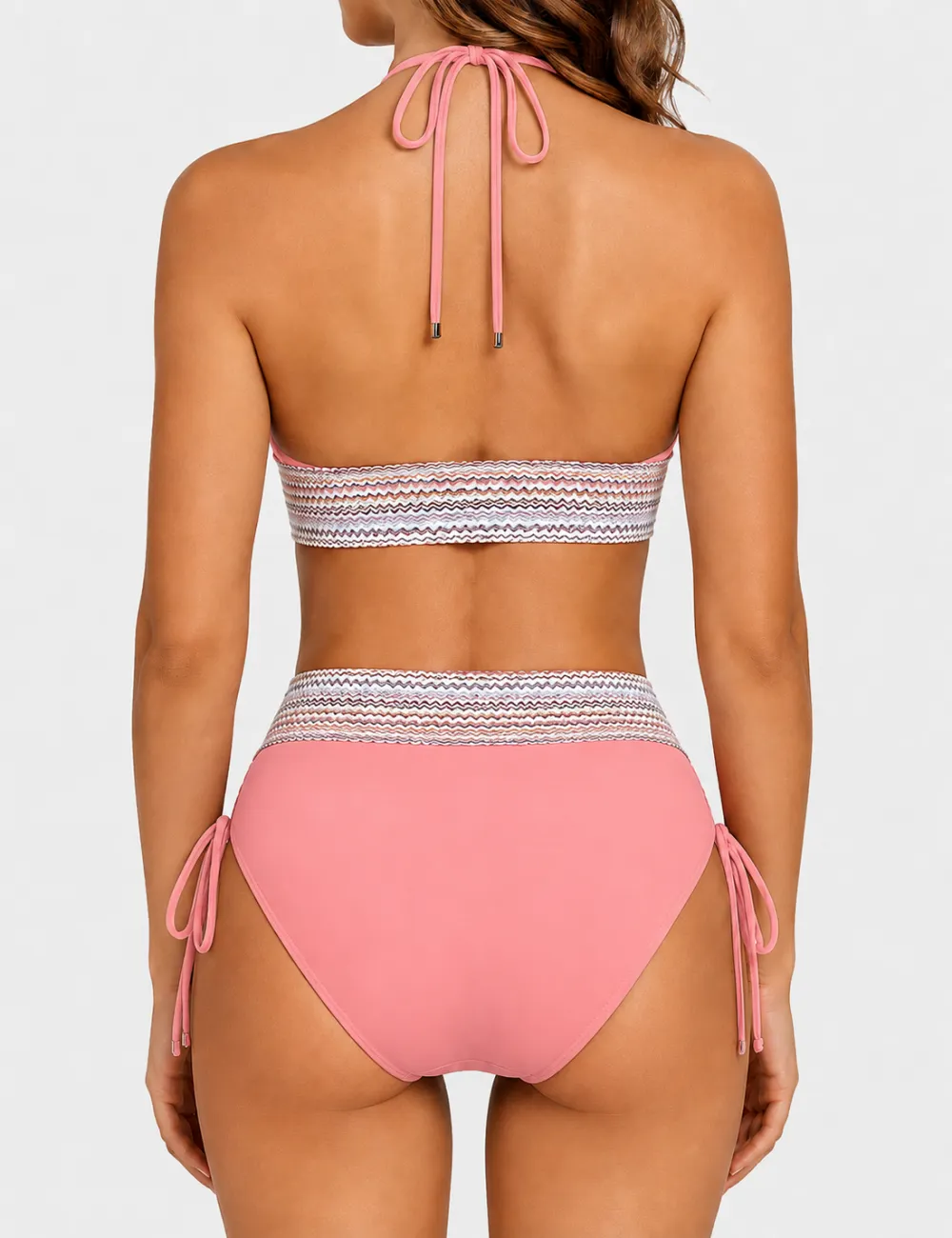 Deep V Neck Colorful Zigzag Smocked Trim Bikini Set