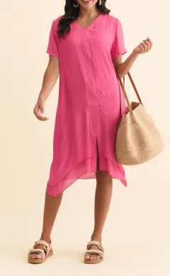 Viscose Button-Front V-Neck Short-Sleeve A-Line Asymmetric-Hem Below-Knee Dress