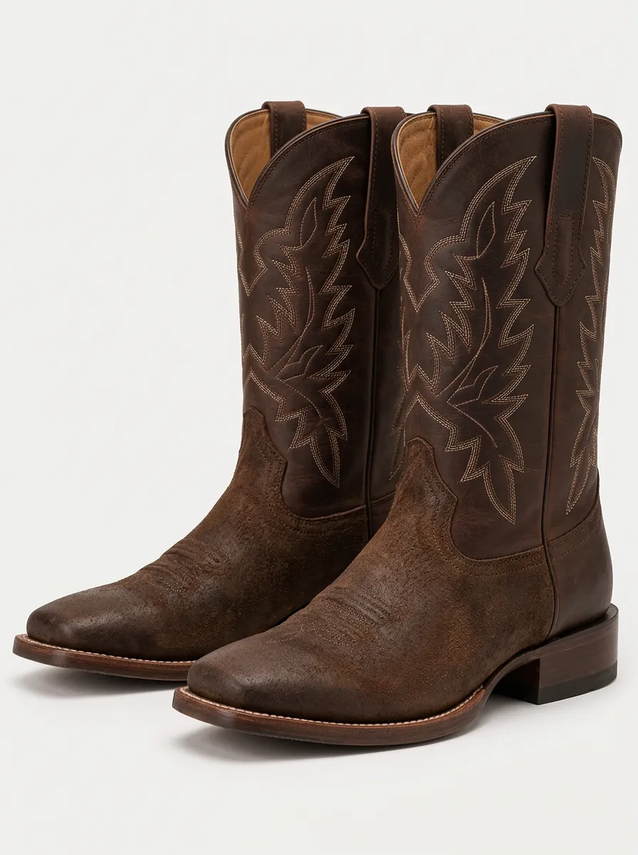 Men's Cowboy Boots with Embroidered Detail and Red Accents