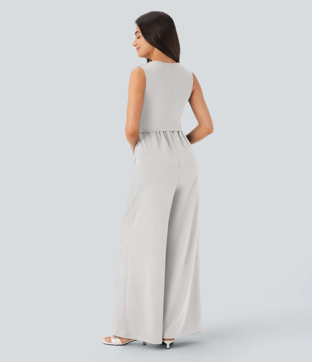 SculptKnit V Neck Sleeveless Ruched Pocket Jumpsuit-Easy Peezy