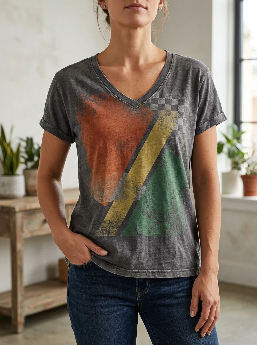 Women's Geometric Abstract Checkerboard Printed V-Neck T-Shirt