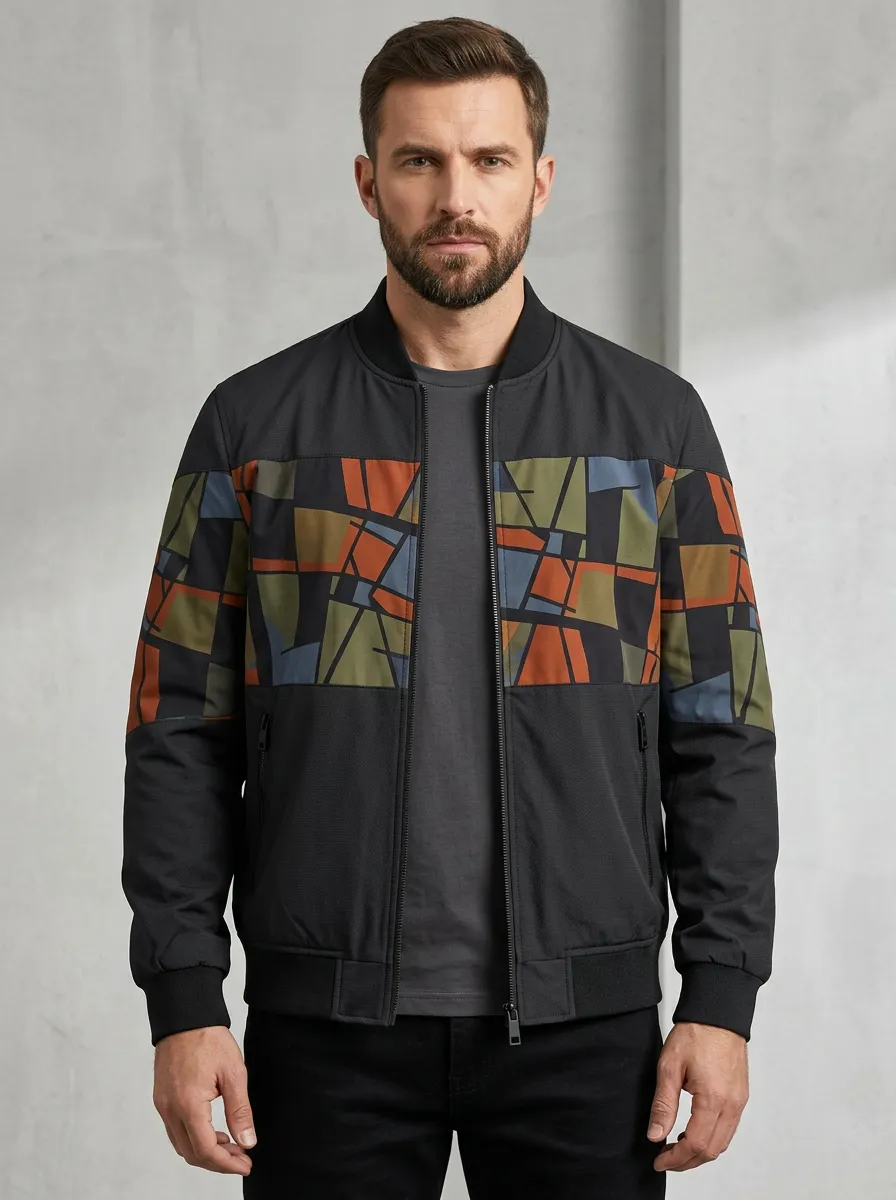 Men's Geometric Abstract Pattern Printed Bomber Jacket