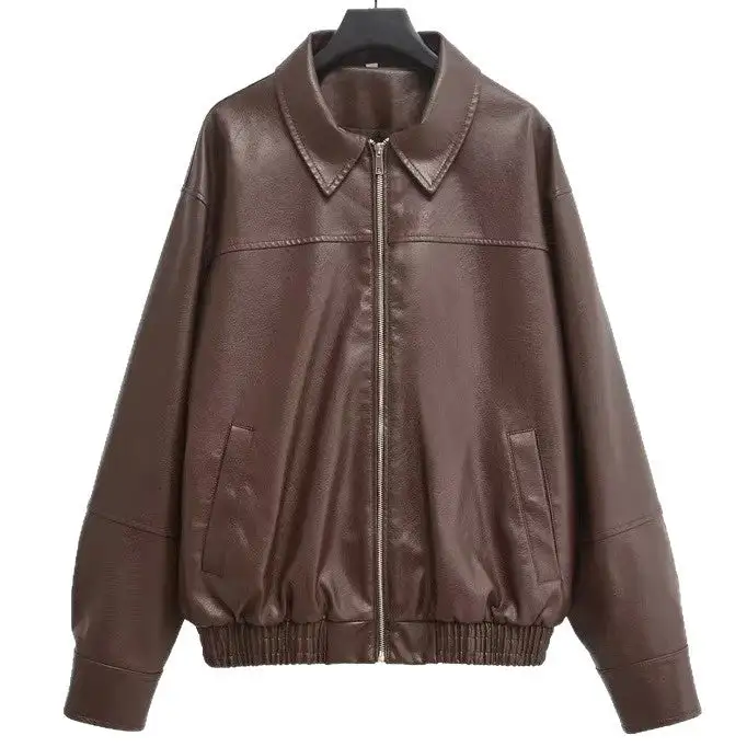 Oversized Relaxed Shirt Collar Zip Front Bomber Jacket
