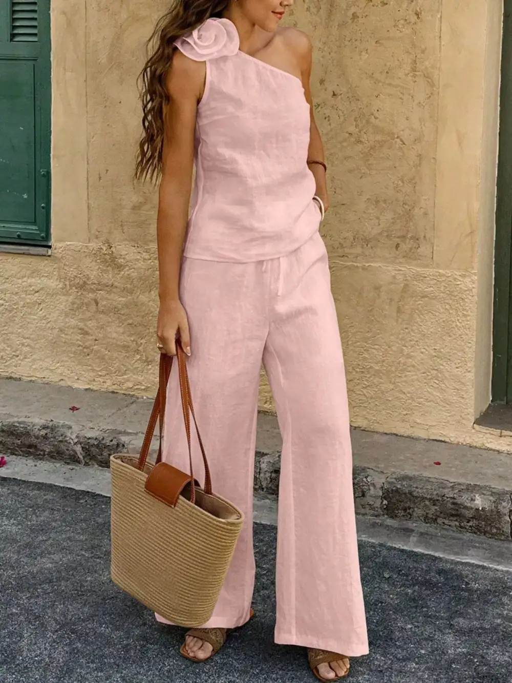 One Shoulder Floral Embellished Top and Pants Set