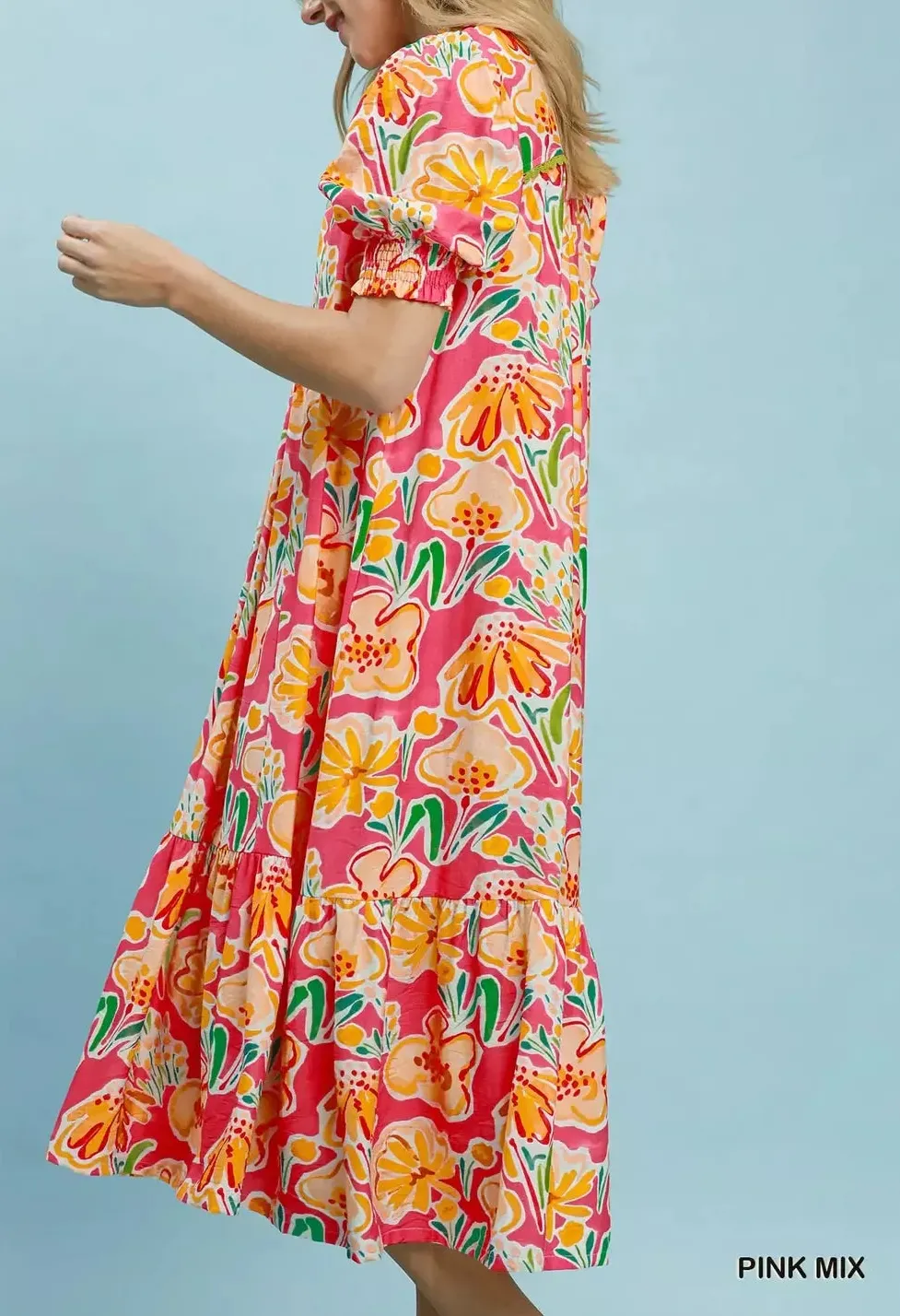 Everyday Floral Print Puff Sleeve Tiered Pocketed Midi Dress