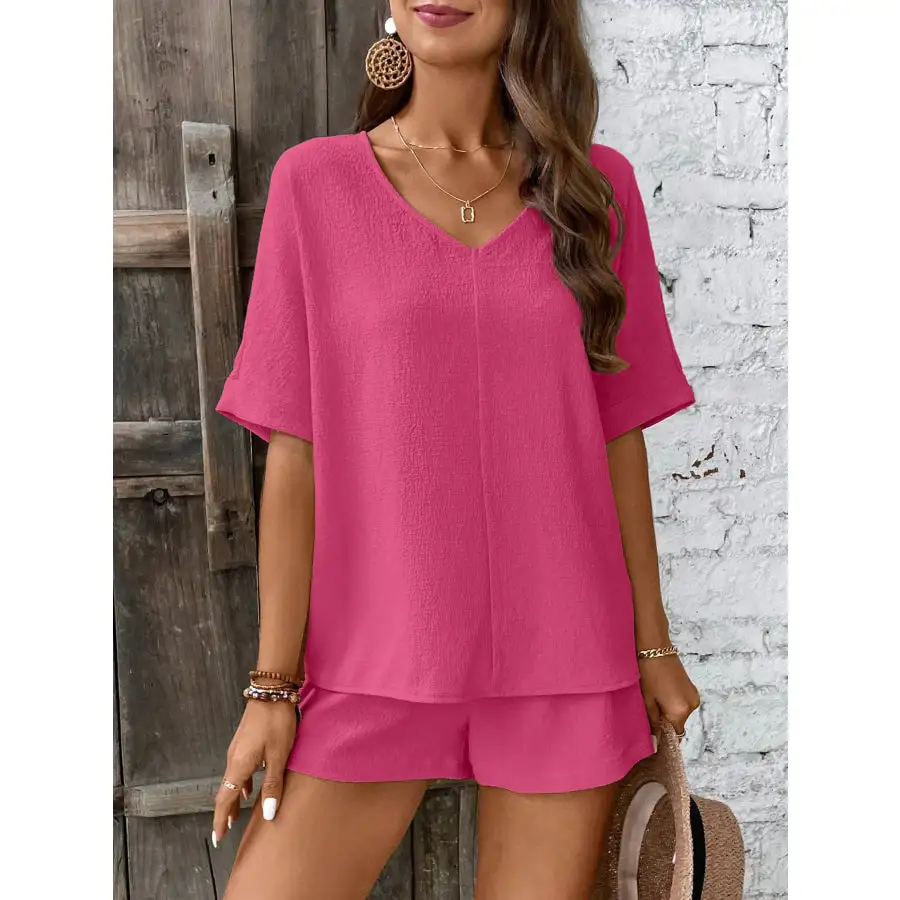 Relaxed Fit V Neck Top and Shorts Two Piece Set
