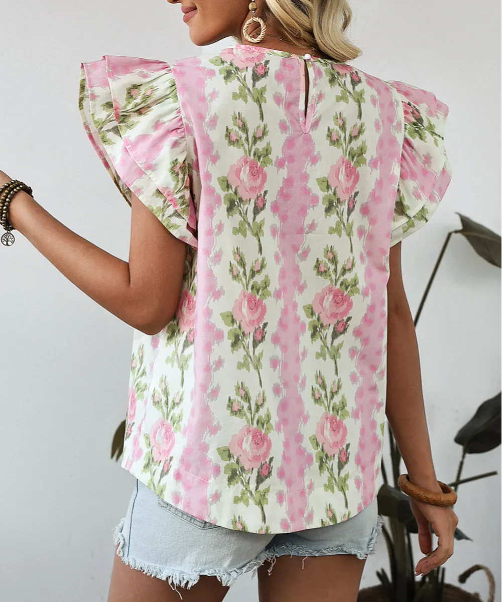 Pink Floral Print Ruffled Sleeve Summer Top