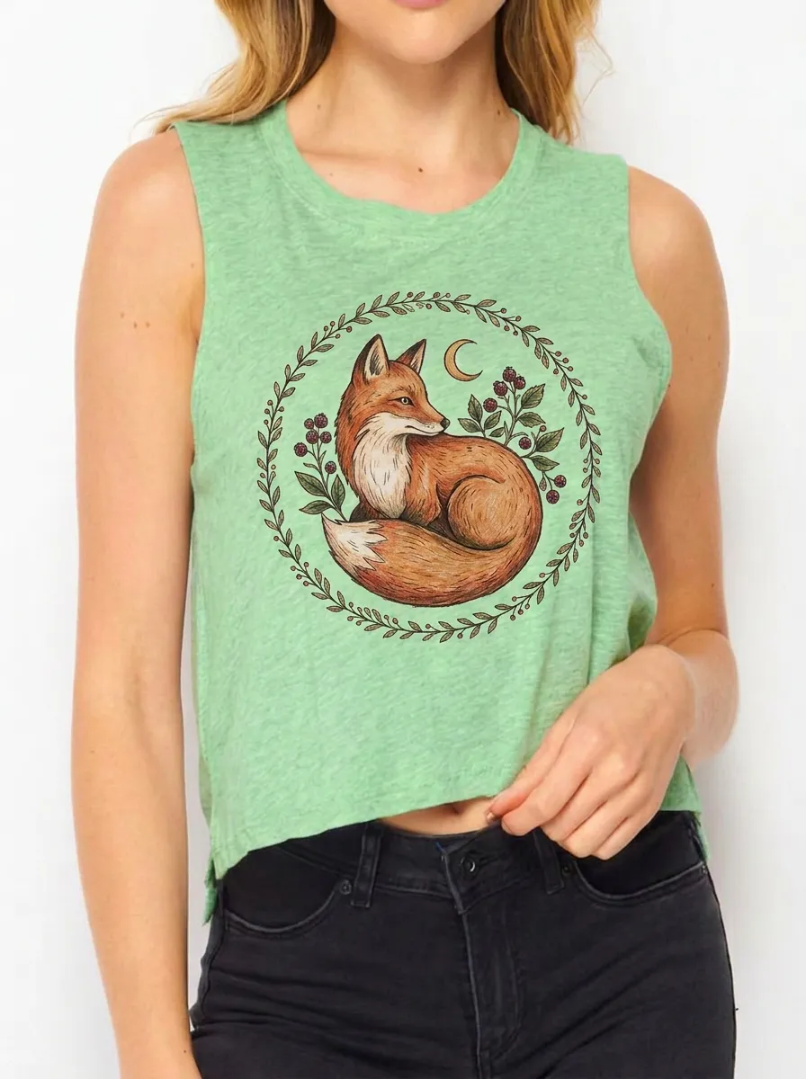 Women's Nature-Inspired Fox Floral Moon Printed Tank Top