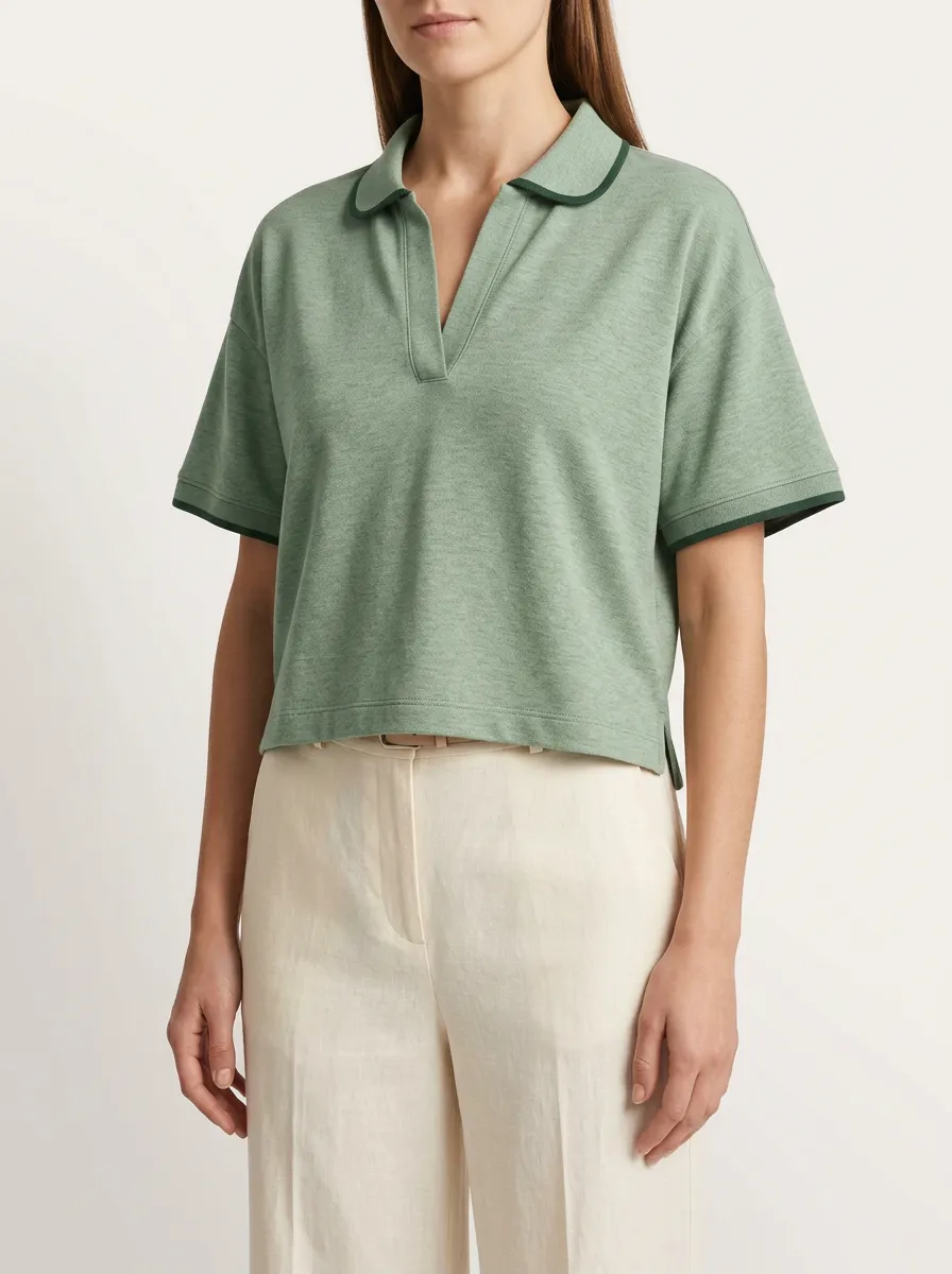 Women's Sage Green Polo with Contrasting V Neck Trim