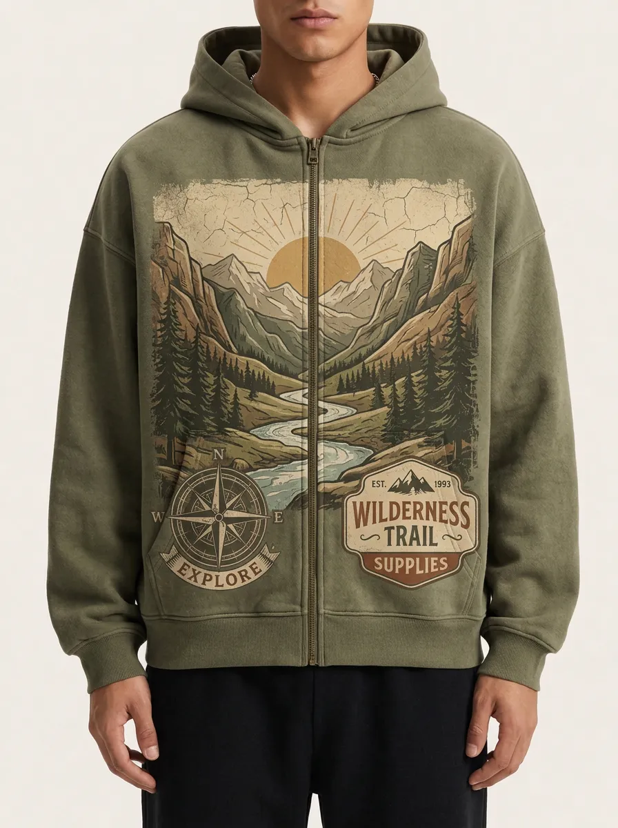 Men's Outdoor Adventure Wilderness Trail Compass Printed Zip-up Hoodie