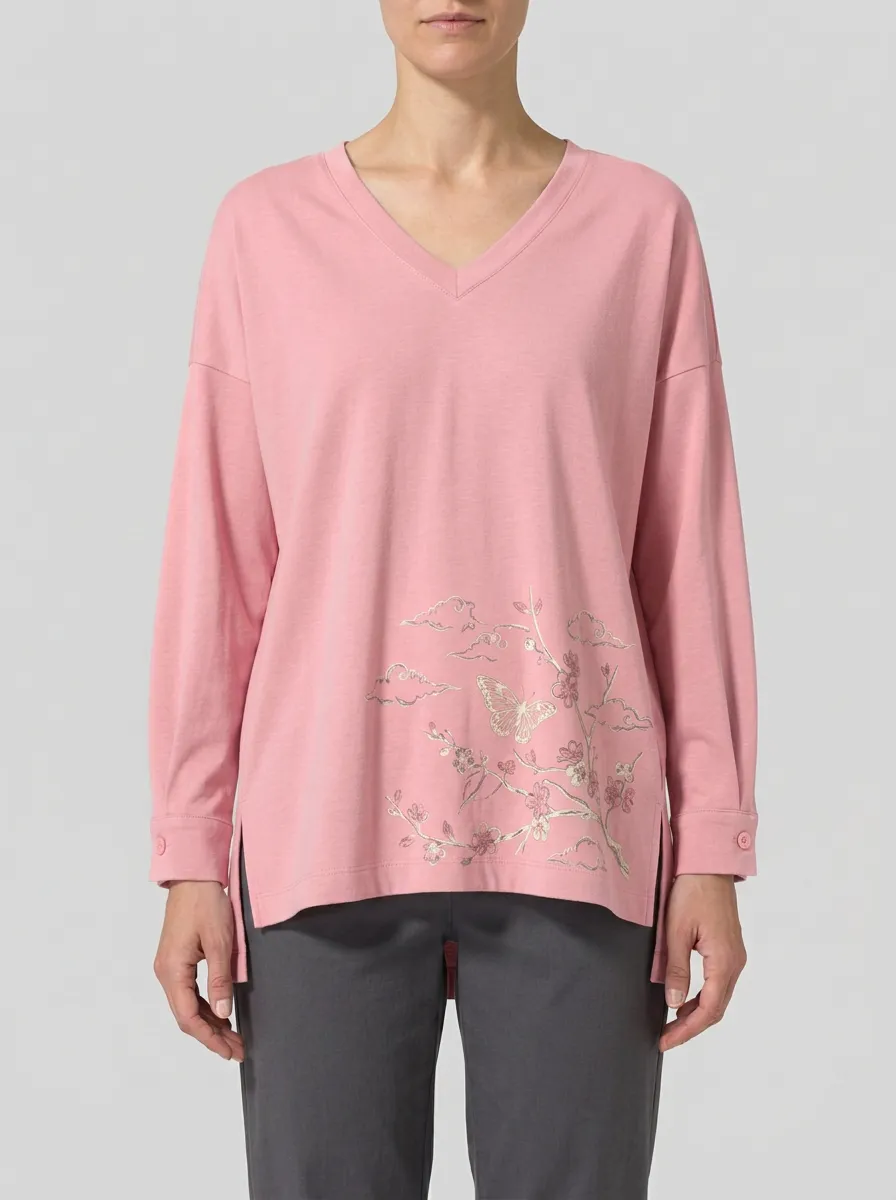 Women's V-Neck Long-Sleeve Top with Floral Graphic