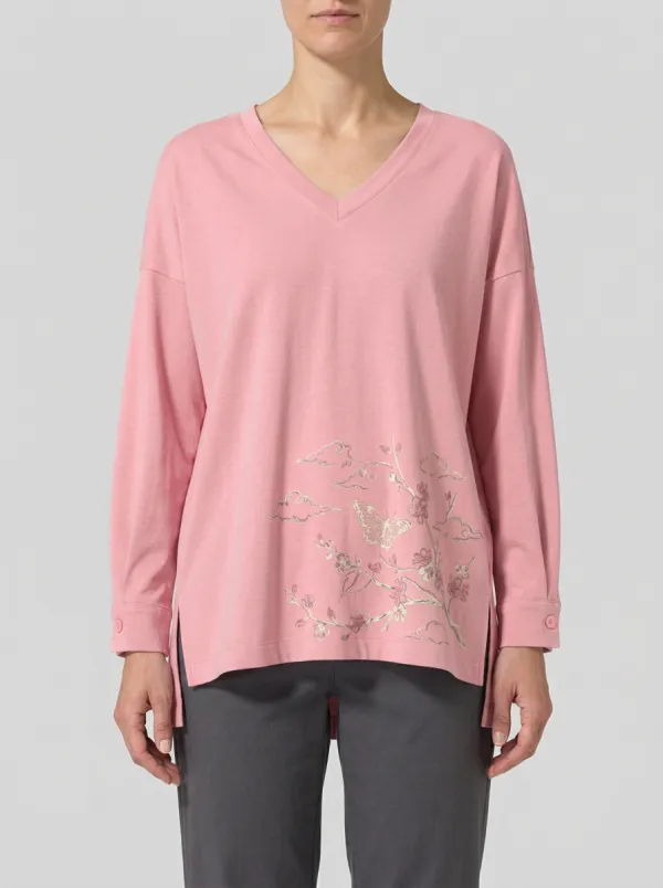Women's V-Neck Long-Sleeve Top with Floral Graphic