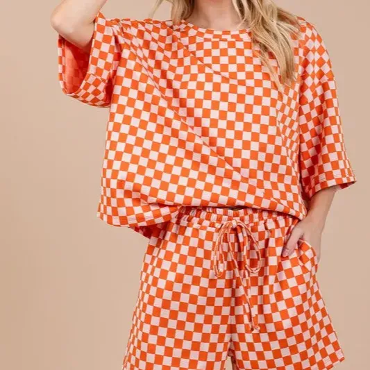 Checkered Round Neck Top and Shorts Set
