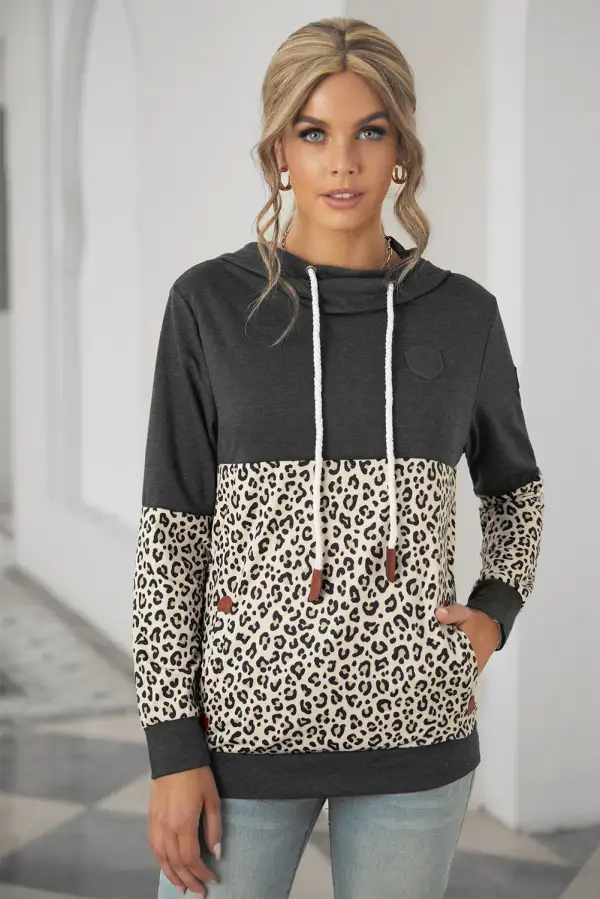 Animal Print Splicing Cowl Neck Drawstring Hoodie