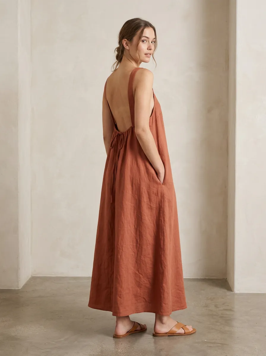 Women's Fresh Casual Linen Maxi Backless Dress