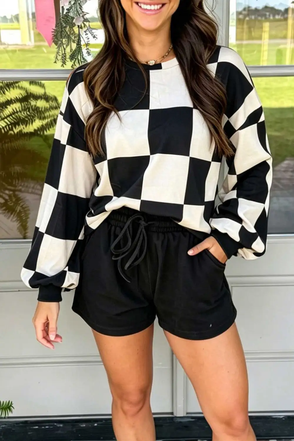 Women's Matching Checkerboard Plaid Long Sleeve Solid Color Shorts Two Piece Set