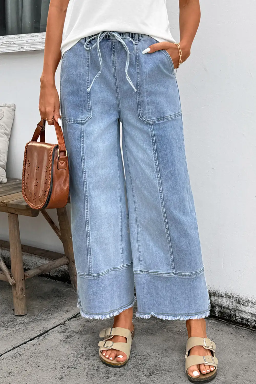 Women's Wide Leg Denim Pants With Drawstring Seam Detail