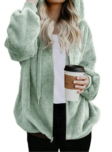 Womens Full Zip Up Sherpa Hoodie Fuzzy Fleece Jacket Oversized Fluffy Coat with Pockets