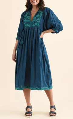 Cotton Pocket Embroidered V-Neck Half-Sleeve A-Line Below-Knee Dress