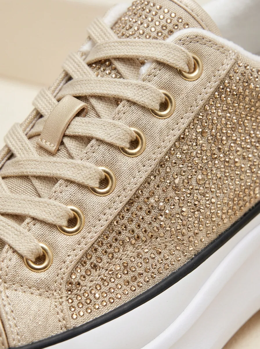 Lace-Detail Lace-Up Low-Top Women's Rhinestone Platform Shoes