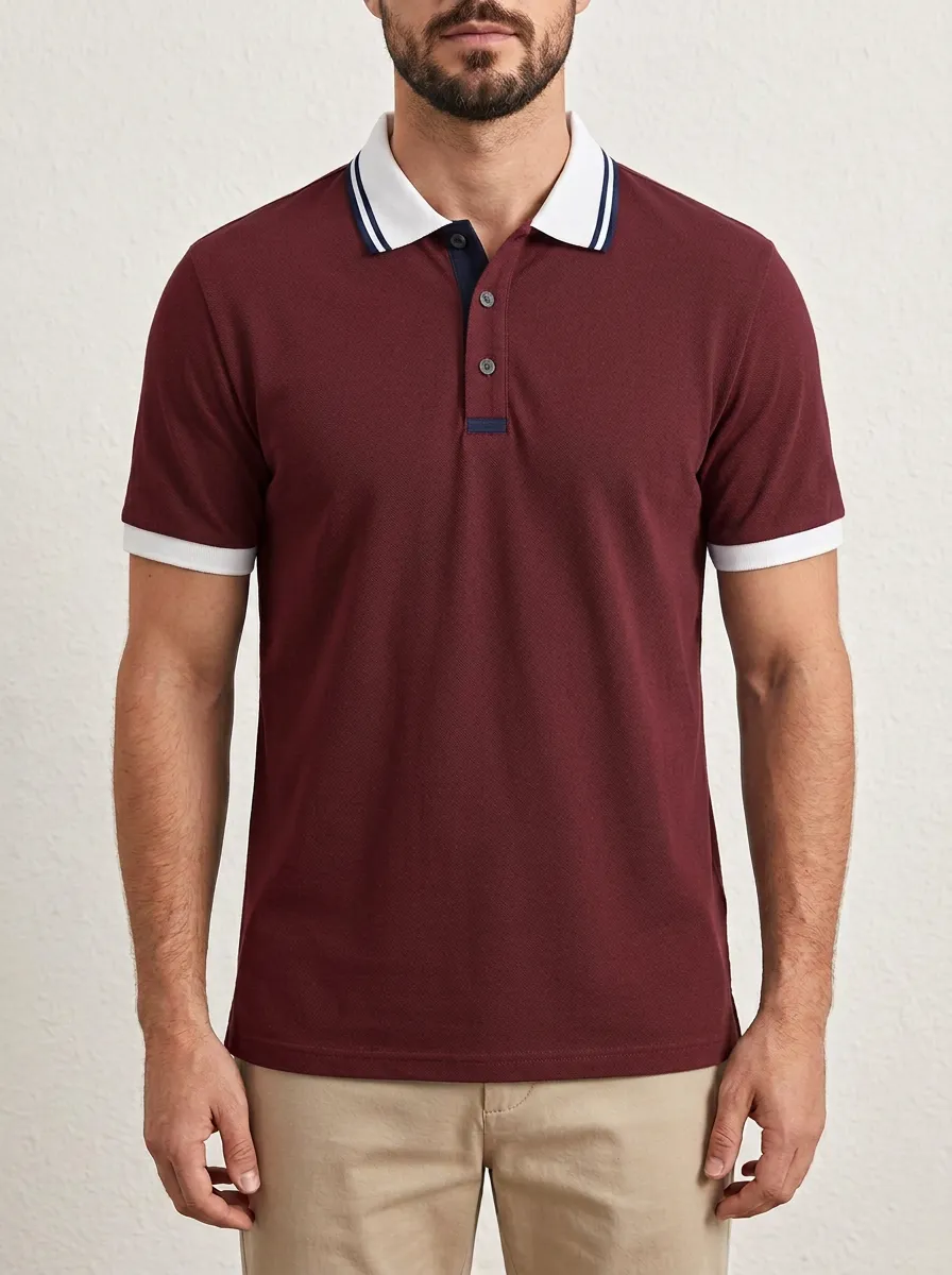 Men's Casual Business Contrast Trim Solid Color Polo Shirt