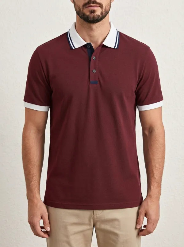 Men's Casual Business Contrast Trim Solid Color Polo Shirt