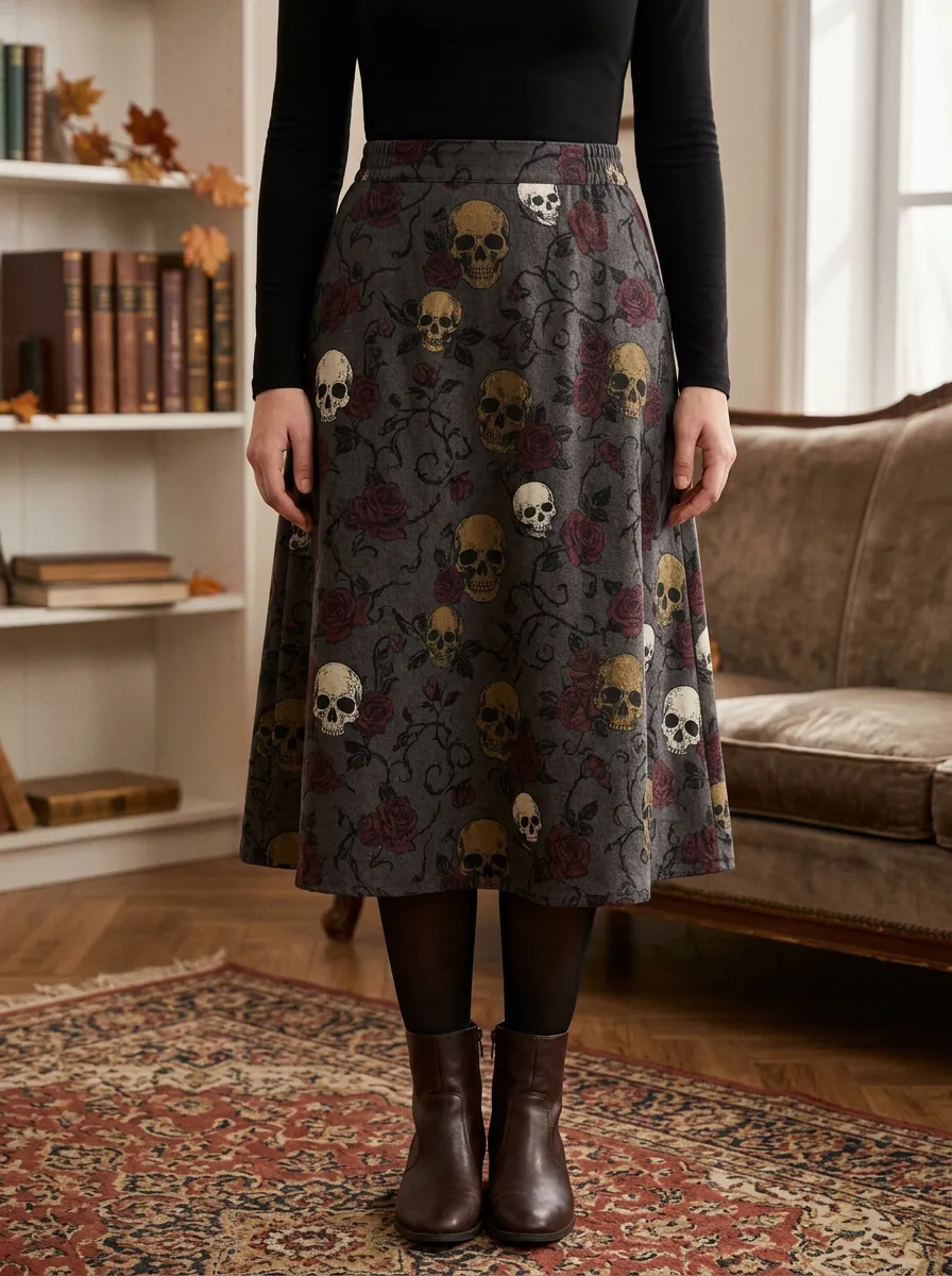 Women's Halloween Gothic Skull and Rose Printed Midi Skirt