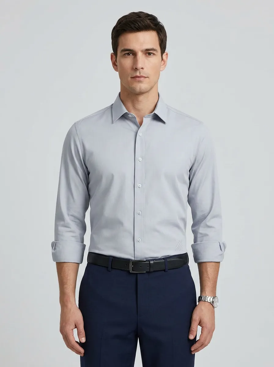 Men's Non-Iron Cotton Solid Grey Minimalist Embroidered Dress Shirt