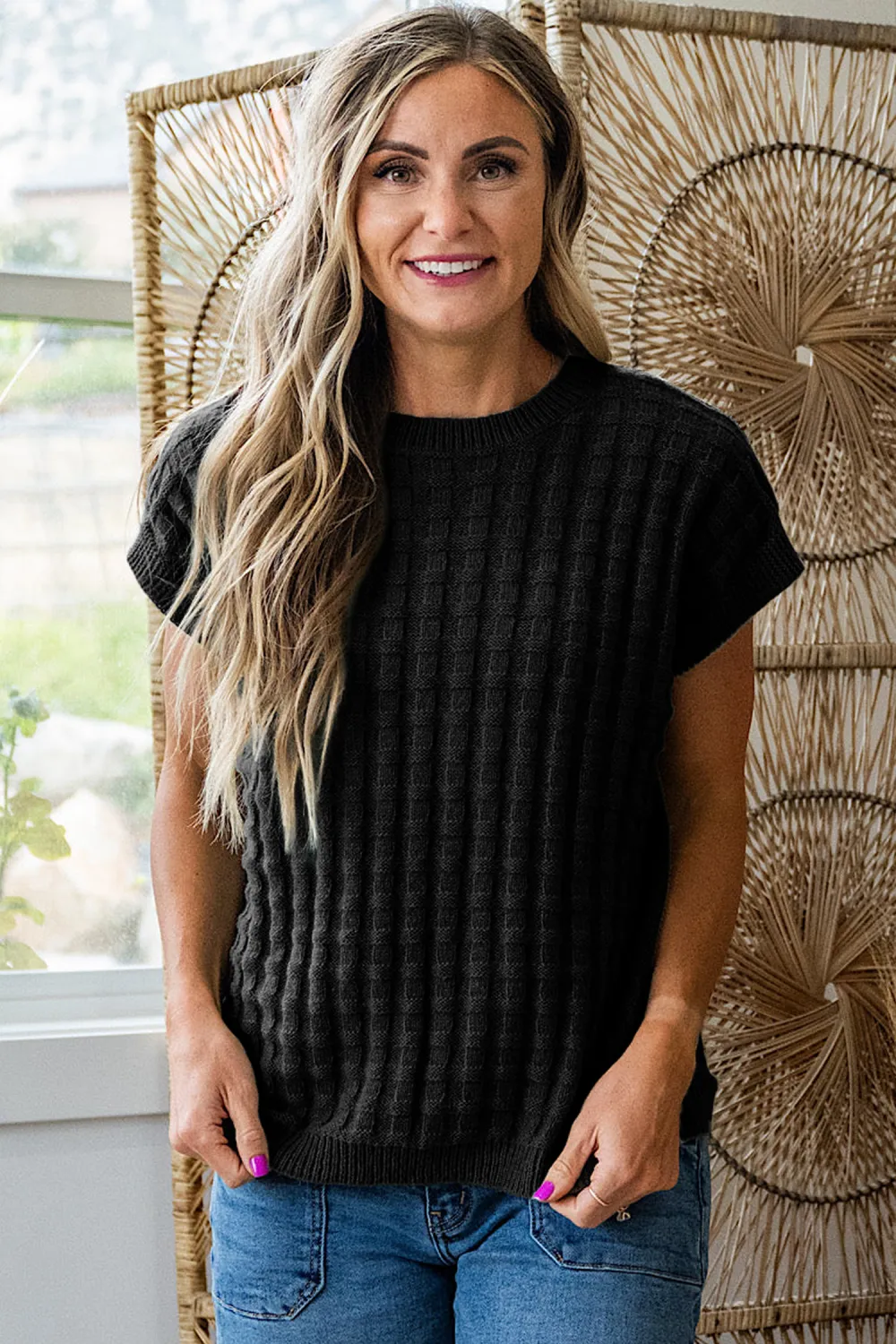 Black Round Neck Textured Short Sleeve Top