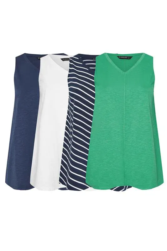 ESSENTIAL 4 Pack Navy Blue & White Vest Tops