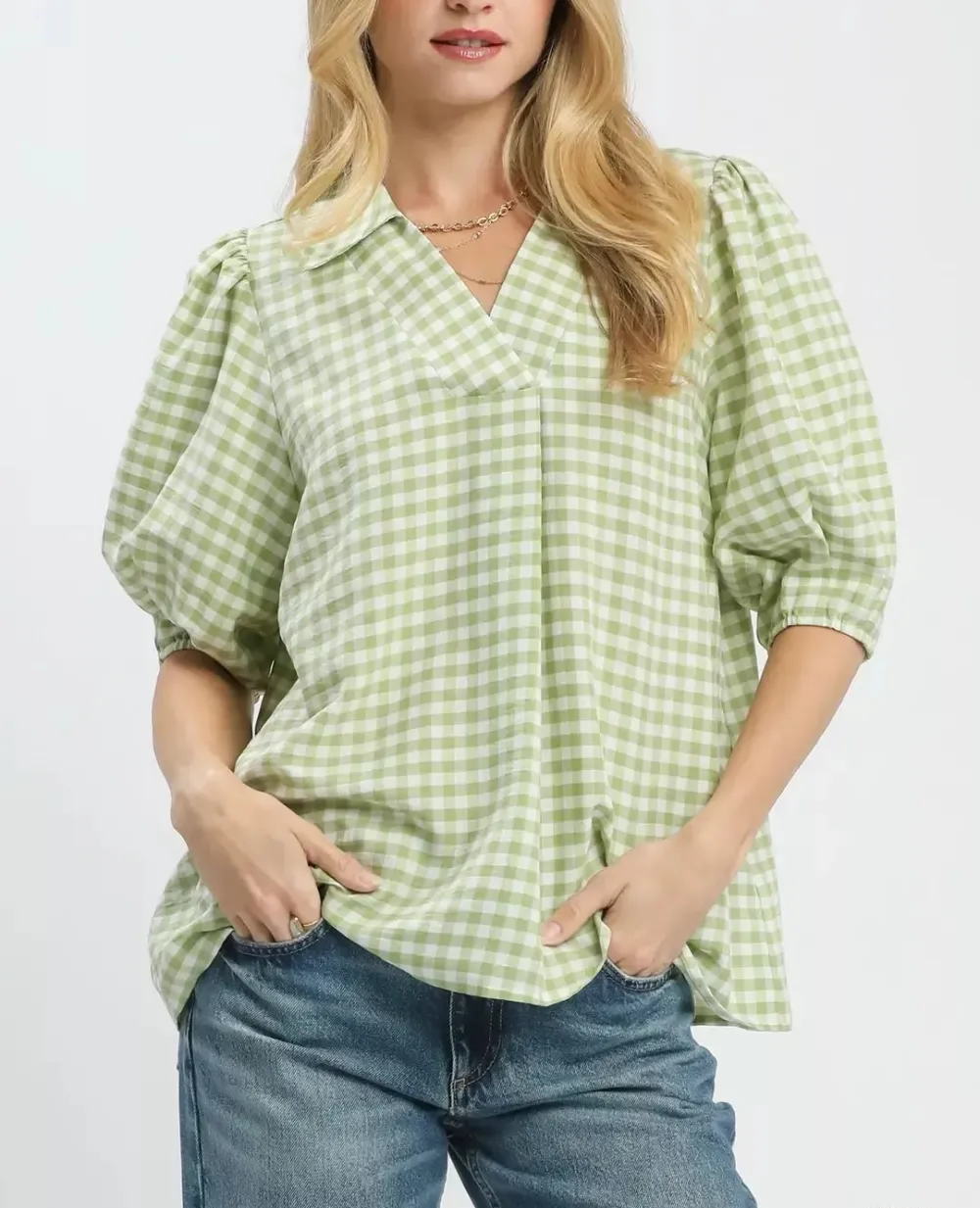 Modern Puff Sleeve Collared Gingham Blouse