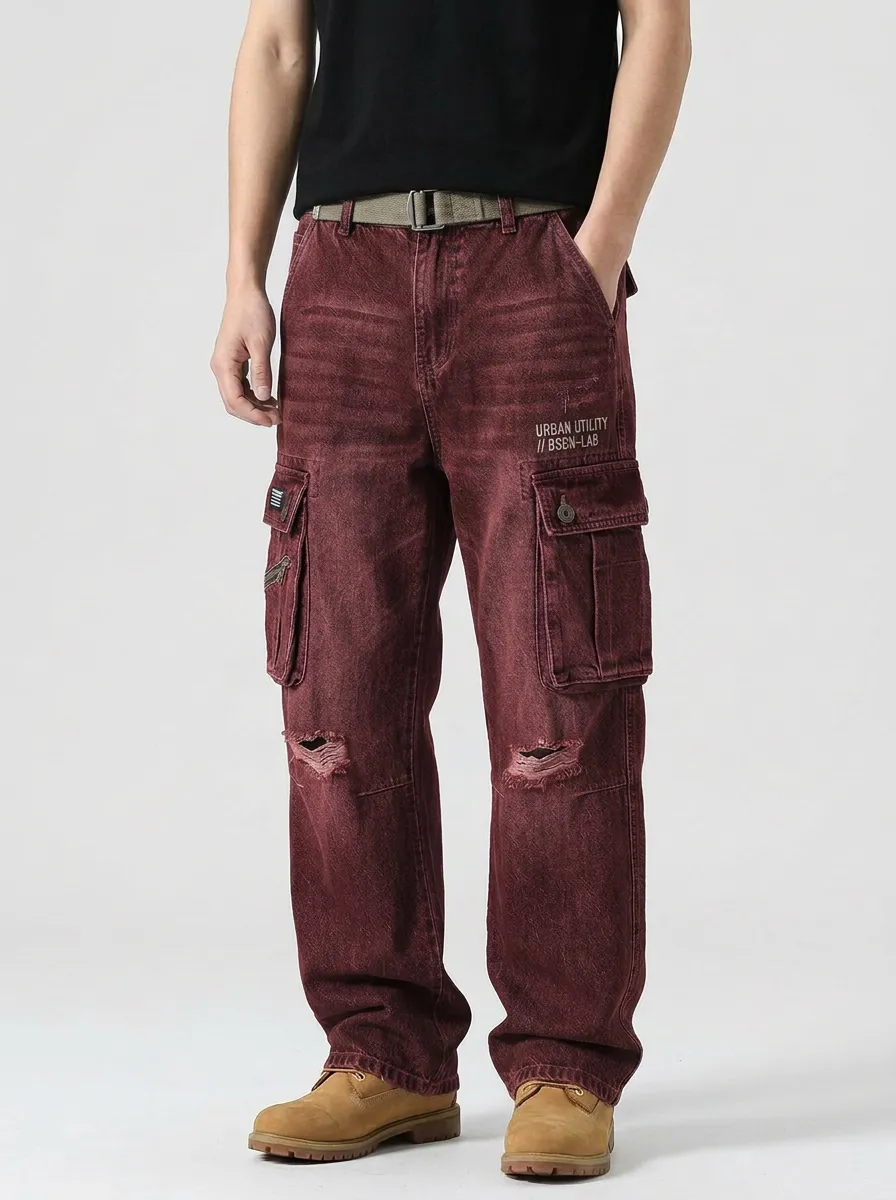 Men's Urban Utility Distressed Denim Graphic Cargo Pants