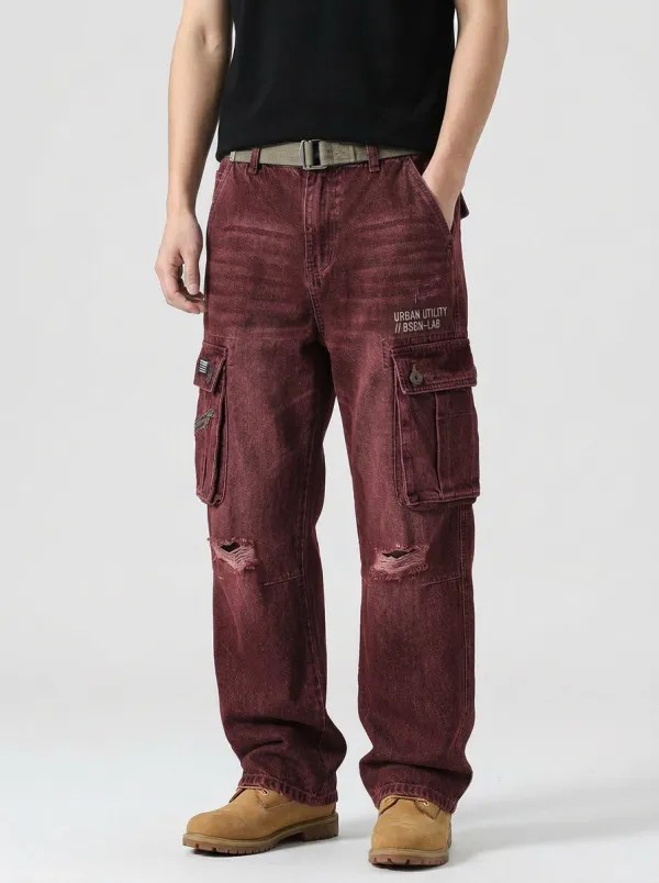 Men's Urban Utility Distressed Denim Graphic Cargo Pants