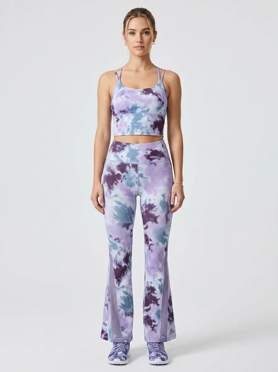 Women's Purple Tie-Dye Strappy Crop Top and Flare Leggings Set