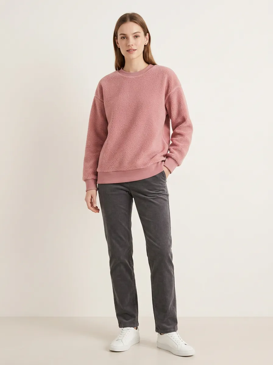 Women's Casual Winter Pink Fleece Textured Pullover Sweatshirt