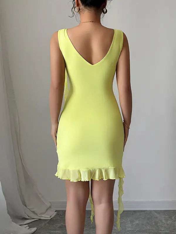 Pleated Solid Color Bodycon High Waisted V Neck Mini Dress
