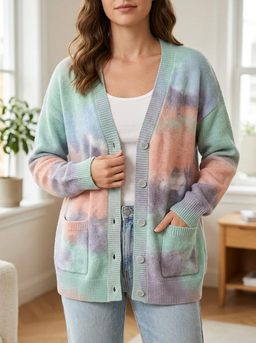 Women's Pastel Tie-Dye Pattern Printed Ribbed Trim Travel Layering Cardigan